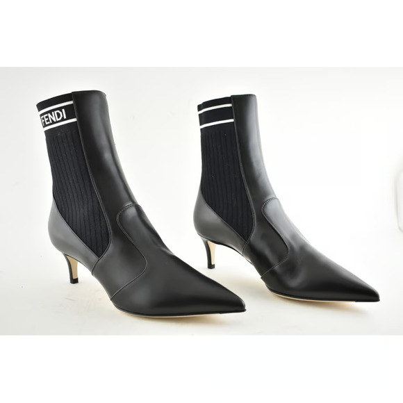 Fendi Rockoko Black Scuba Stretch FF Logo Knit Sock Ankle Kitten Heel Boot 35.5 - Picture 3 of 11